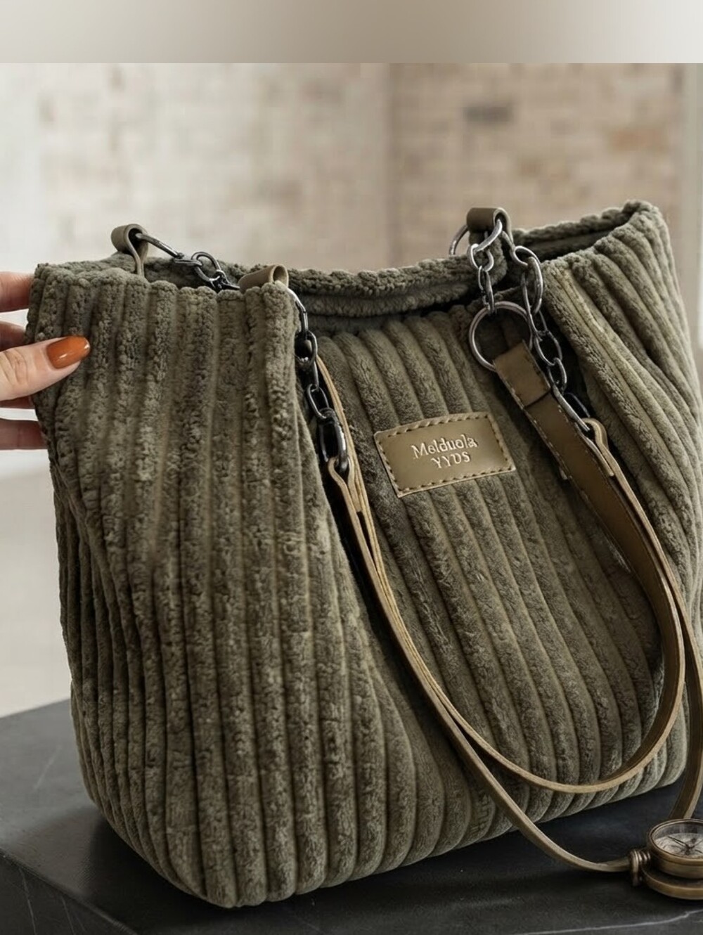 Corduroy Tote Bag with Chain Handles - Olive Green